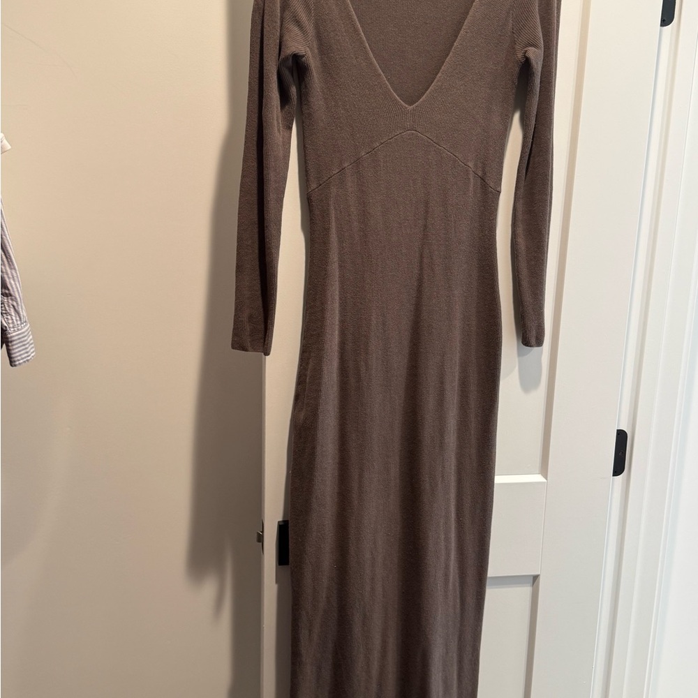 Free People Brown Taupe Ribbed V‑Neck Maxi Dress